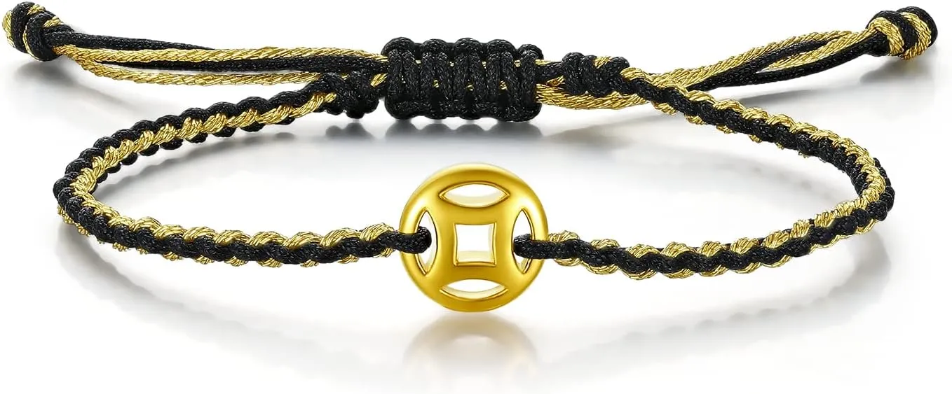 String Bracelet Solid Gold Charm Bracelets Black Lucky Coins Gold Jewelry Cool Bracelets Unisex for Women Men Adults Girlfriend Friendship Couple Bracelet Pure Gold Not Gold Plated