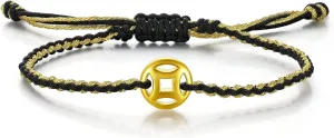 String Bracelet Solid Gold Charm Bracelets Black Lucky Coins Gold Jewelry Cool Bracelets Unisex for Women Men Adults Girlfriend Friendship Couple Bracelet Pure Gold Not Gold Plated