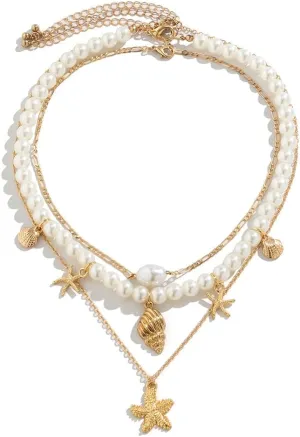 Summer Starfish Shell Necklaces for Women Trendy Boho Seashell Beach Pendant Necklaces Gold Layered Pearl Choke Chain Necklace Dainty Fashion Statement Jewelry