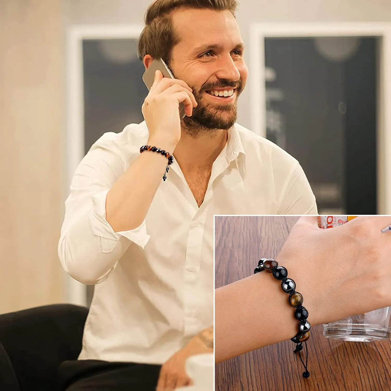 TAGOMEI Custom Gifts for Men Dad Boyfriend Son Teen Boys Mens Beaded Bracelets Triple Protection Tiger Eye Black Obsidian Bracelet Hematite 10mm Handmade Bracelets Anniversary Birthday Gifts for Men