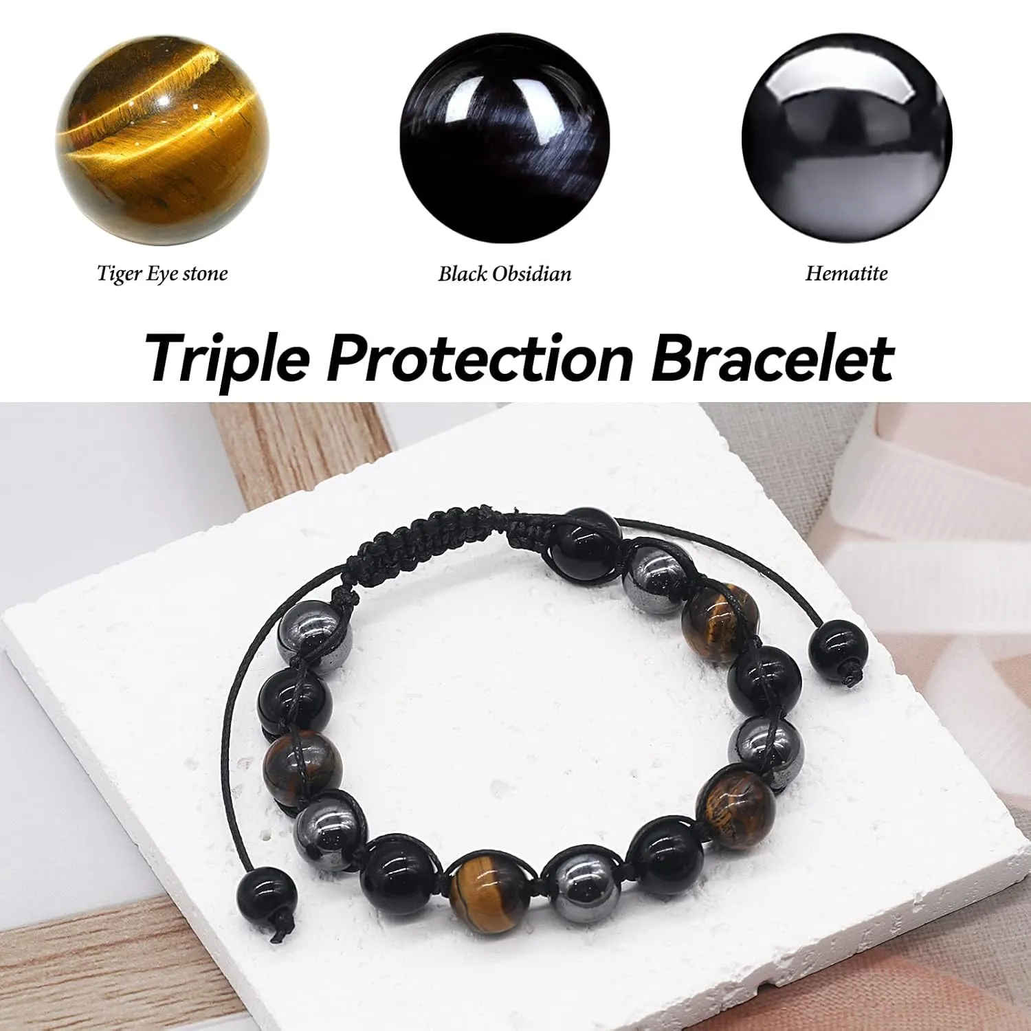 TAGOMEI Custom Gifts for Men Dad Boyfriend Son Teen Boys Mens Beaded Bracelets Triple Protection Tiger Eye Black Obsidian Bracelet Hematite 10mm Handmade Bracelets Anniversary Birthday Gifts for Men