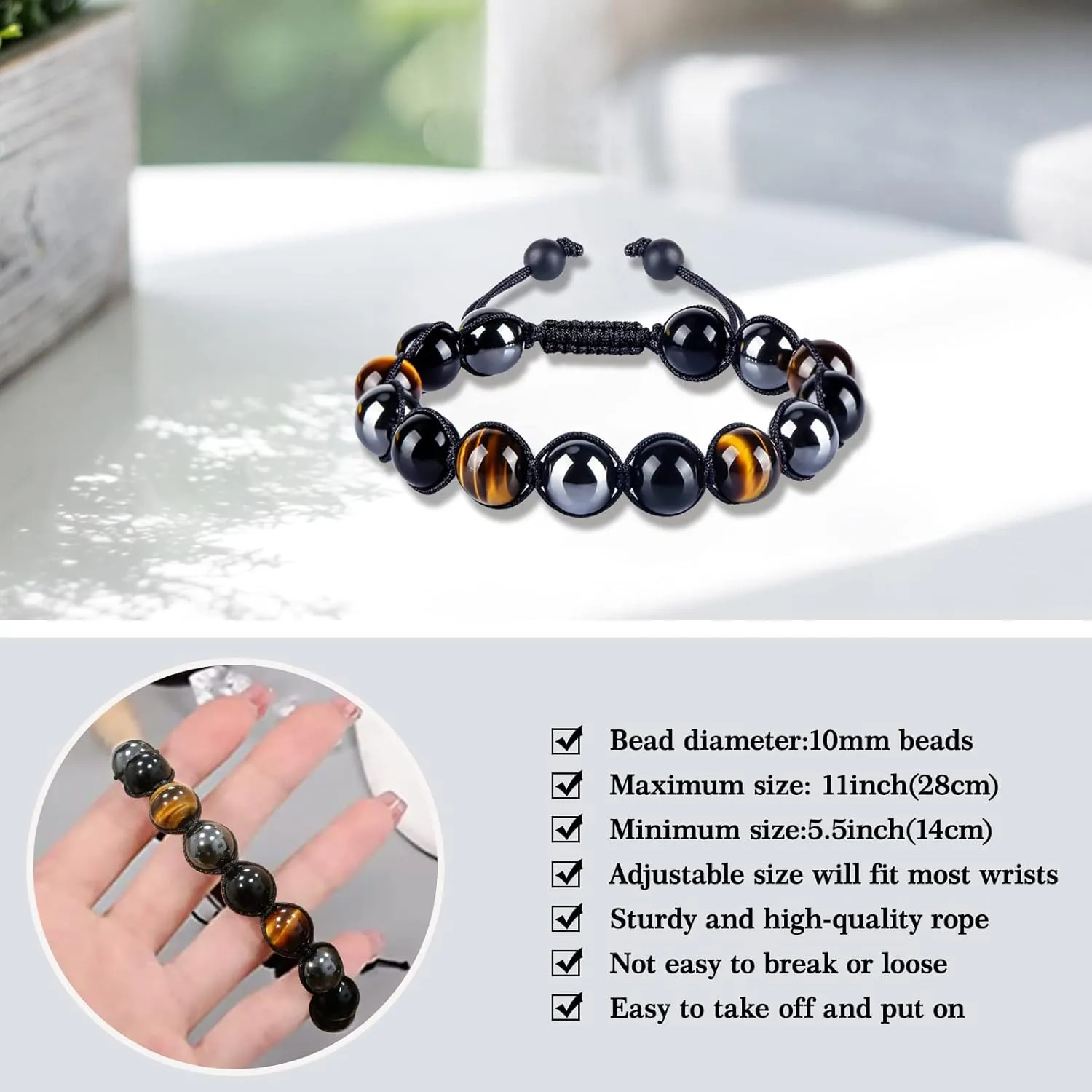 TAGOMEI Custom Gifts for Men Dad Boyfriend Son Teen Boys Mens Beaded Bracelets Triple Protection Tiger Eye Black Obsidian Bracelet Hematite 10mm Handmade Bracelets Anniversary Birthday Gifts for Men