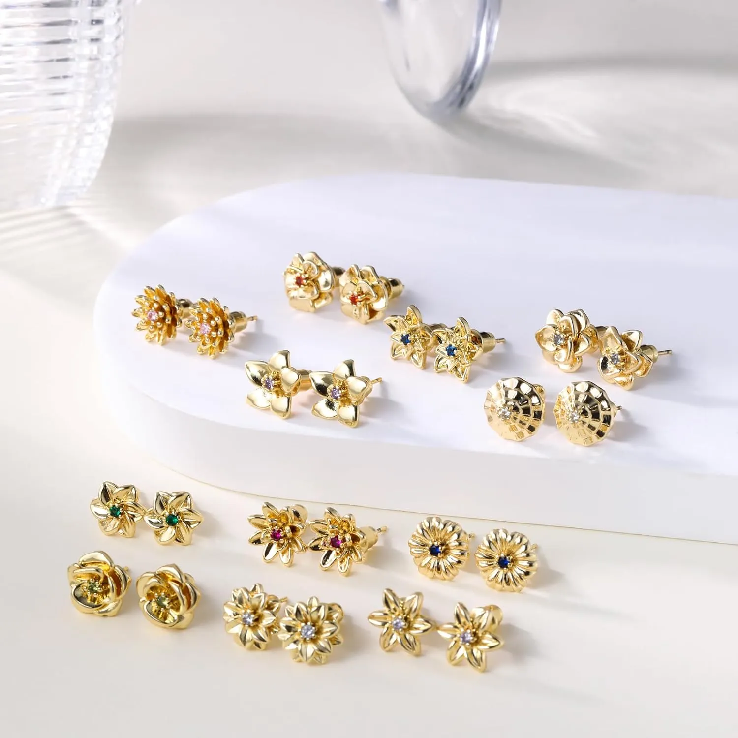 Tasiso Birth Flower Stud Earrings for Women 14K Gold Plated Birthstone Earrings for Women Dainty Gold Flower Blue Green Cubic Zirconia Earrings Birthday Gifts for Women Jewelry