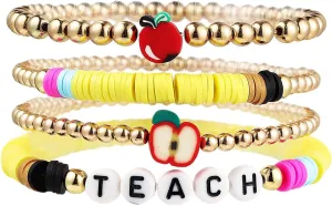 tenghong2021 Acrylic Bead Elastic Rope Beaded Bracelet for Women Handmade Wood Beaded Teacher Appreciation Strand Bracelets Teach Inspire Beaded Teacher Bracelets for Women Gifts Jewelry