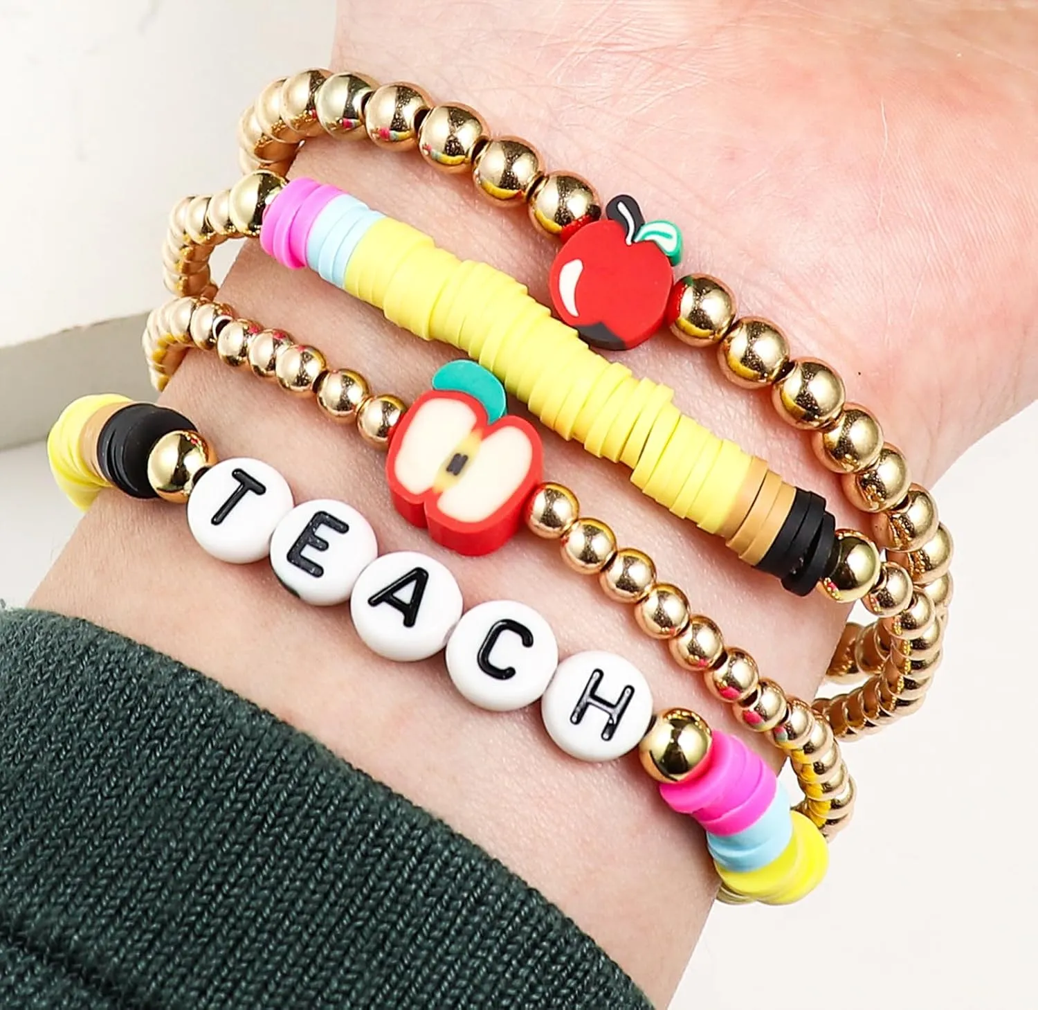 tenghong2021 Acrylic Bead Elastic Rope Beaded Bracelet for Women Handmade Wood Beaded Teacher Appreciation Strand Bracelets Teach Inspire Beaded Teacher Bracelets for Women Gifts Jewelry