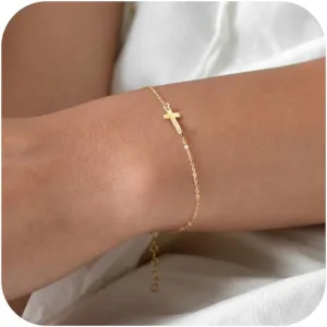 Tewiky Cross Bracelet for Women Dainty 14k Gold Cubic Zirconia Cute Tiny Bracelet Confirmation Gifts for Women