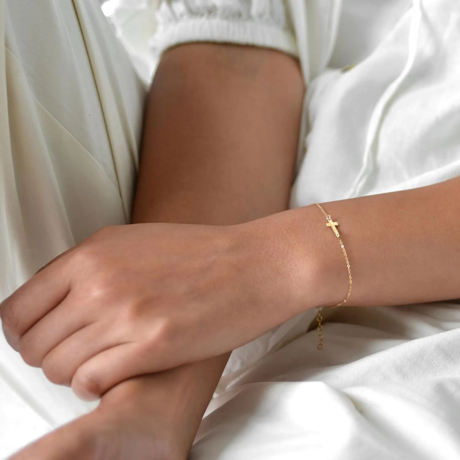 Tewiky Cross Bracelet for Women Dainty 14k Gold Cubic Zirconia Cute Tiny Bracelet Confirmation Gifts for Women
