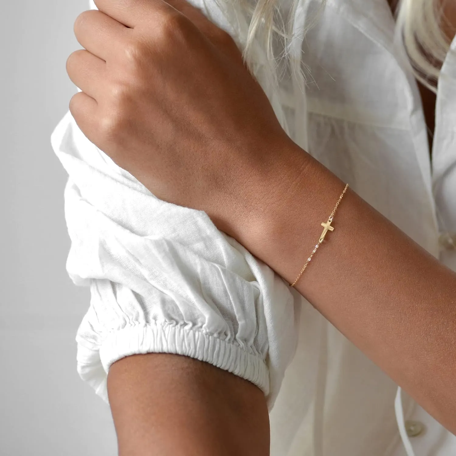 Tewiky Cross Bracelet for Women Dainty 14k Gold Cubic Zirconia Cute Tiny Bracelet Confirmation Gifts for Women