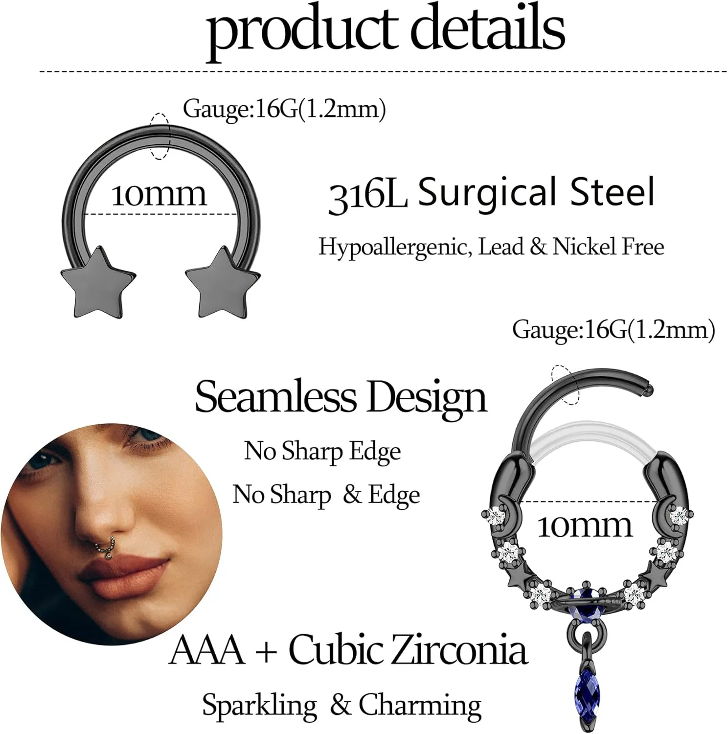 THUNARAZ 16G 10MM Septum Rings for Women Men Surgical Steel Septum Jewelry Horseshoe Hoop Septum Piercing Jewelry