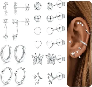 THUNARAZ Sterling Silver Earrings for Women Hypoallergenic Earrings for Multiple Piercing Dainty 14K Gold Plated Stud Hoop Earring Sets Small Silver Earring Stacks Piercing Jewelry