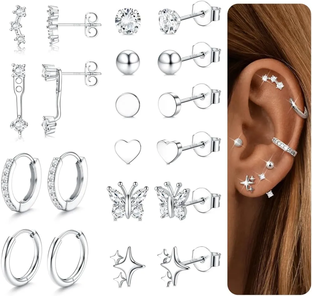 THUNARAZ Sterling Silver Earrings for Women Hypoallergenic Earrings for Multiple Piercing Dainty 14K Gold Plated Stud Hoop Earring Sets Small Silver Earring Stacks Piercing Jewelry