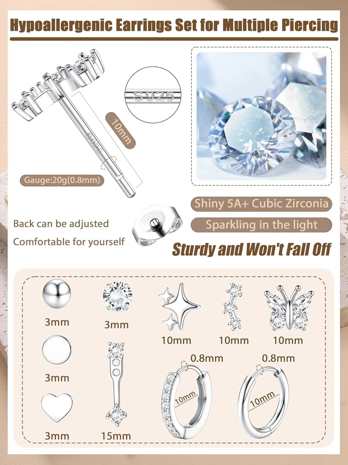 THUNARAZ Sterling Silver Earrings for Women Hypoallergenic Earrings for Multiple Piercing Dainty 14K Gold Plated Stud Hoop Earring Sets Small Silver Earring Stacks Piercing Jewelry