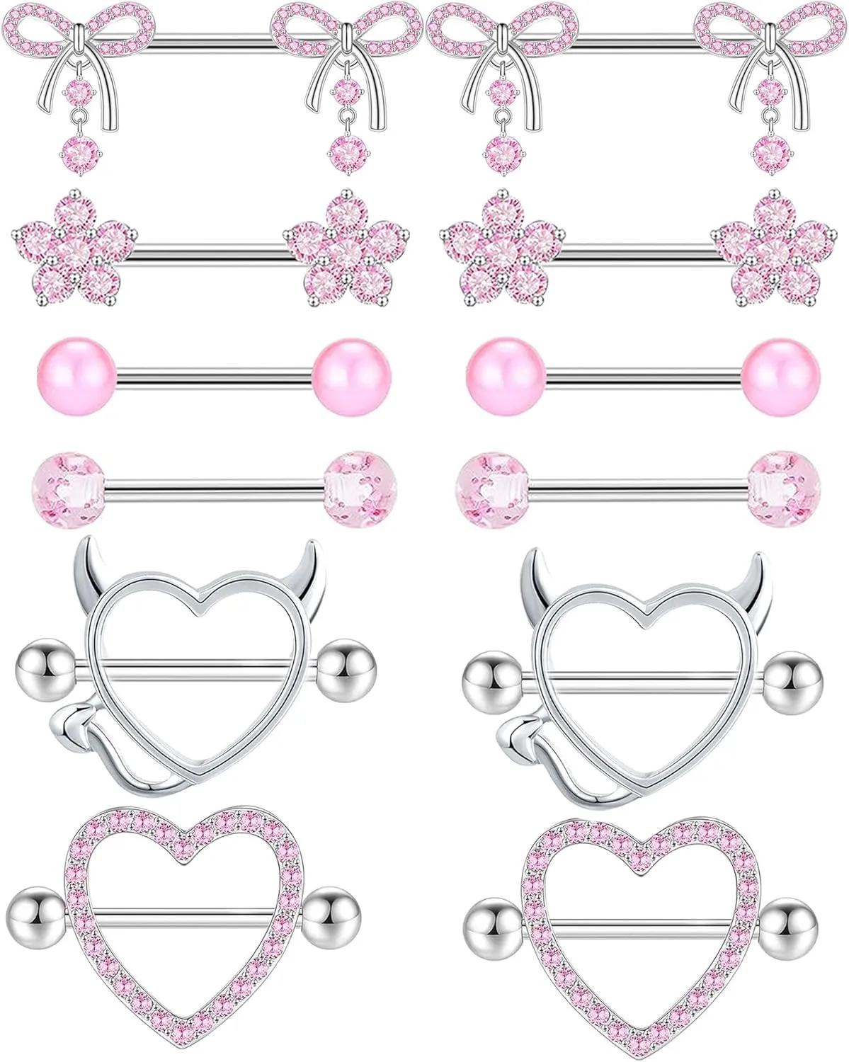 TIANCI FBYJS 6 Pairs 14G Nipple Rings for Women 316L Stainless Steel Heart Bow CZ Flower Barbell Nipple Rings Set Cute Nipplerings Piercing Jewelry