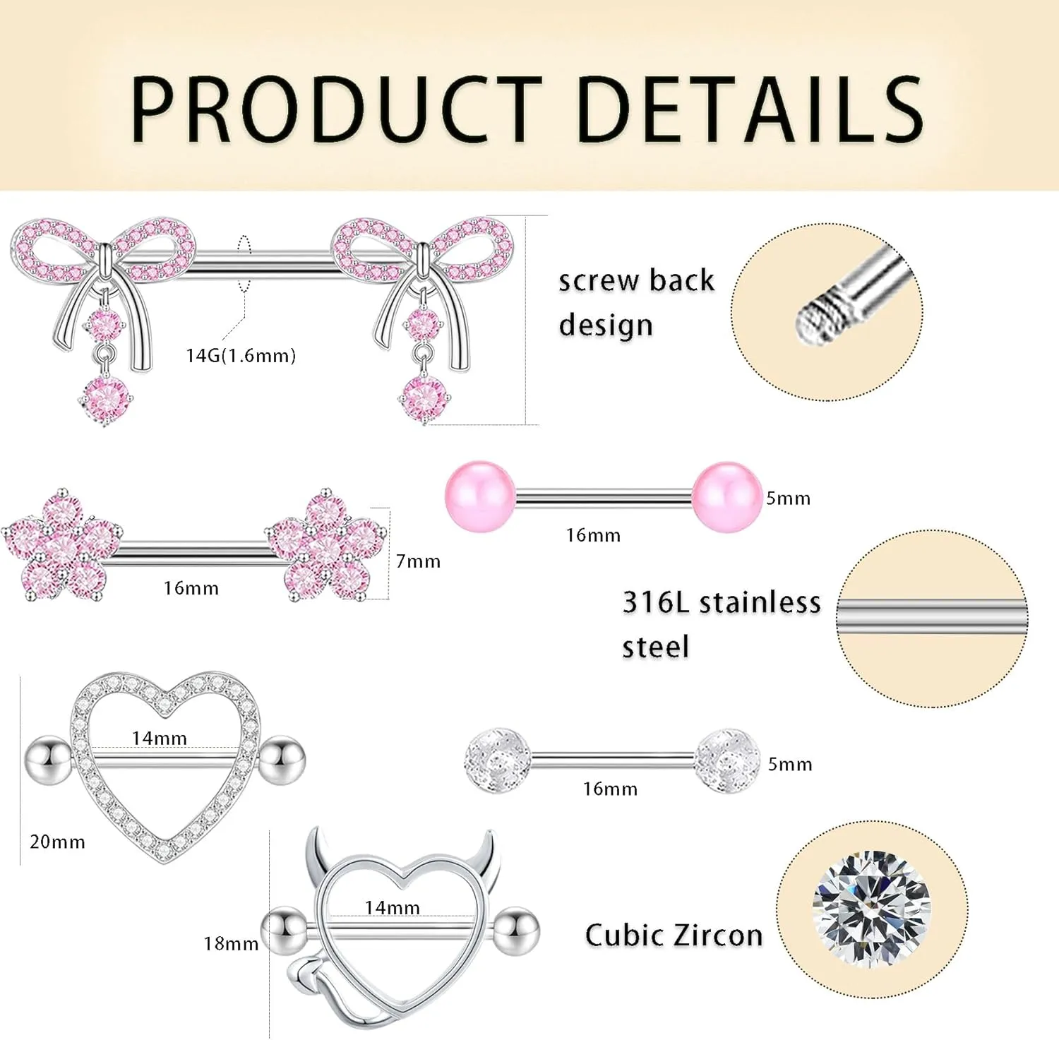 TIANCI FBYJS 6 Pairs 14G Nipple Rings for Women 316L Stainless Steel Heart Bow CZ Flower Barbell Nipple Rings Set Cute Nipplerings Piercing Jewelry