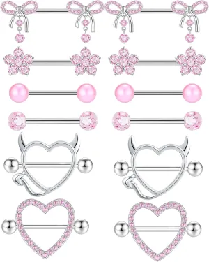 TIANCI FBYJS 6 Pairs 14G Nipple Rings for Women 316L Stainless Steel Heart Bow CZ Flower Barbell Nipple Rings Set Cute Nipplerings Piercing Jewelry