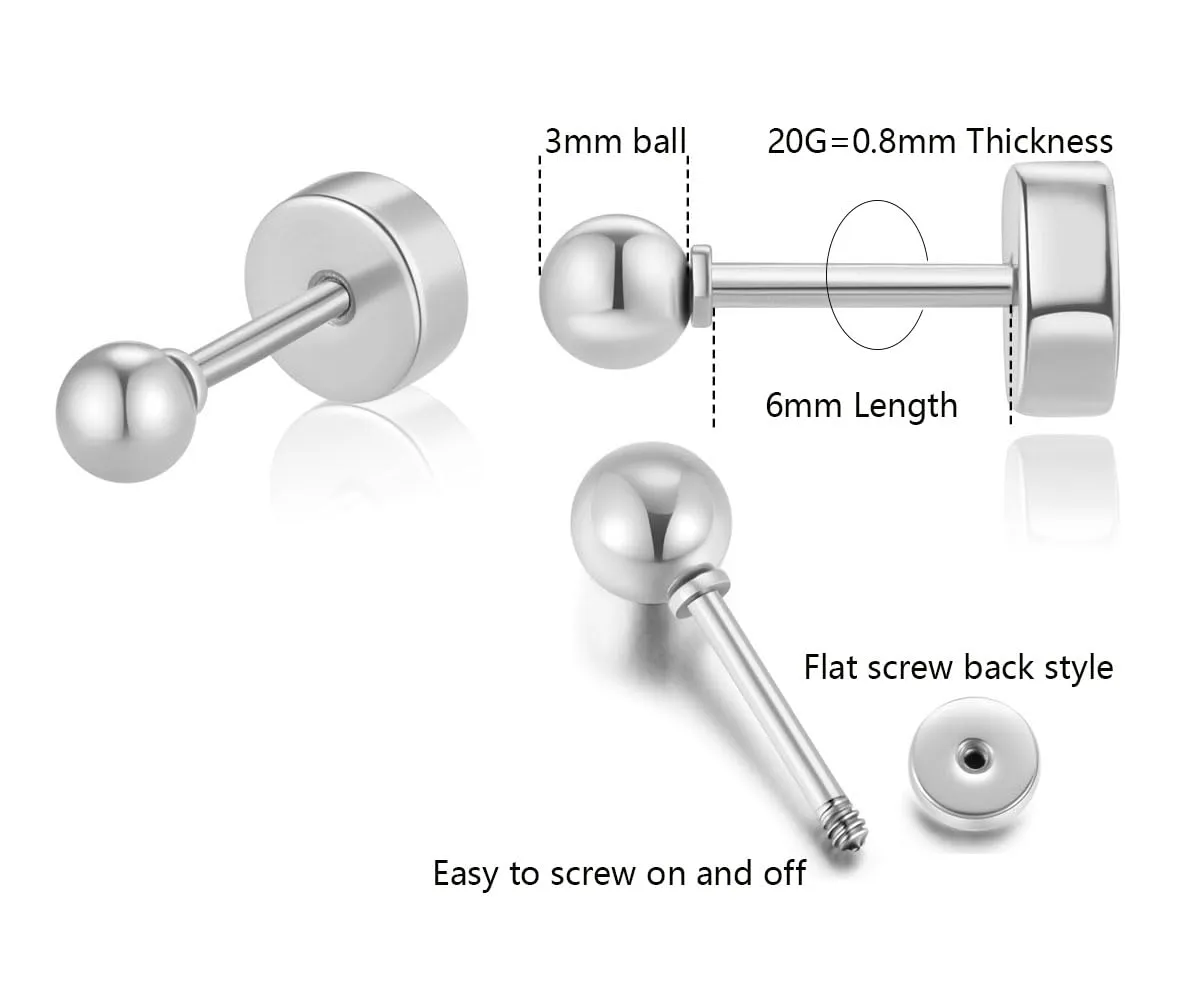 Tiny Flat Screw Back Ball Stud Earrings for Girls,Minimalist 3mm Ball Earrings for Cartilage Helix Tragus Earlobe Piercing for Women Toddlers Hypoallergenic (3mm Flatback Ball, Silver)