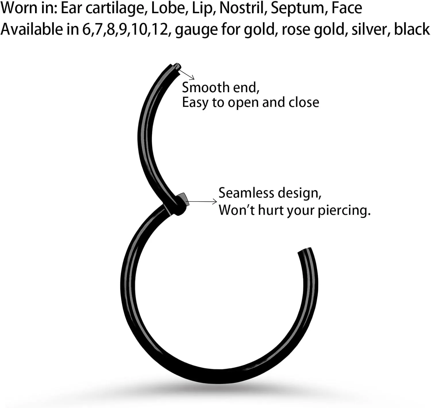 Titanium Nose Rings 20G 18G 16G Nose Rings Hoops Septum Clicker Hinged Segment Ring Cartilage Helix Tragus Conch Daith Rook Hoop Earring, Diameter 5mm to 12mm Silver-Gold-Rose Gold-Black Hoop Ring