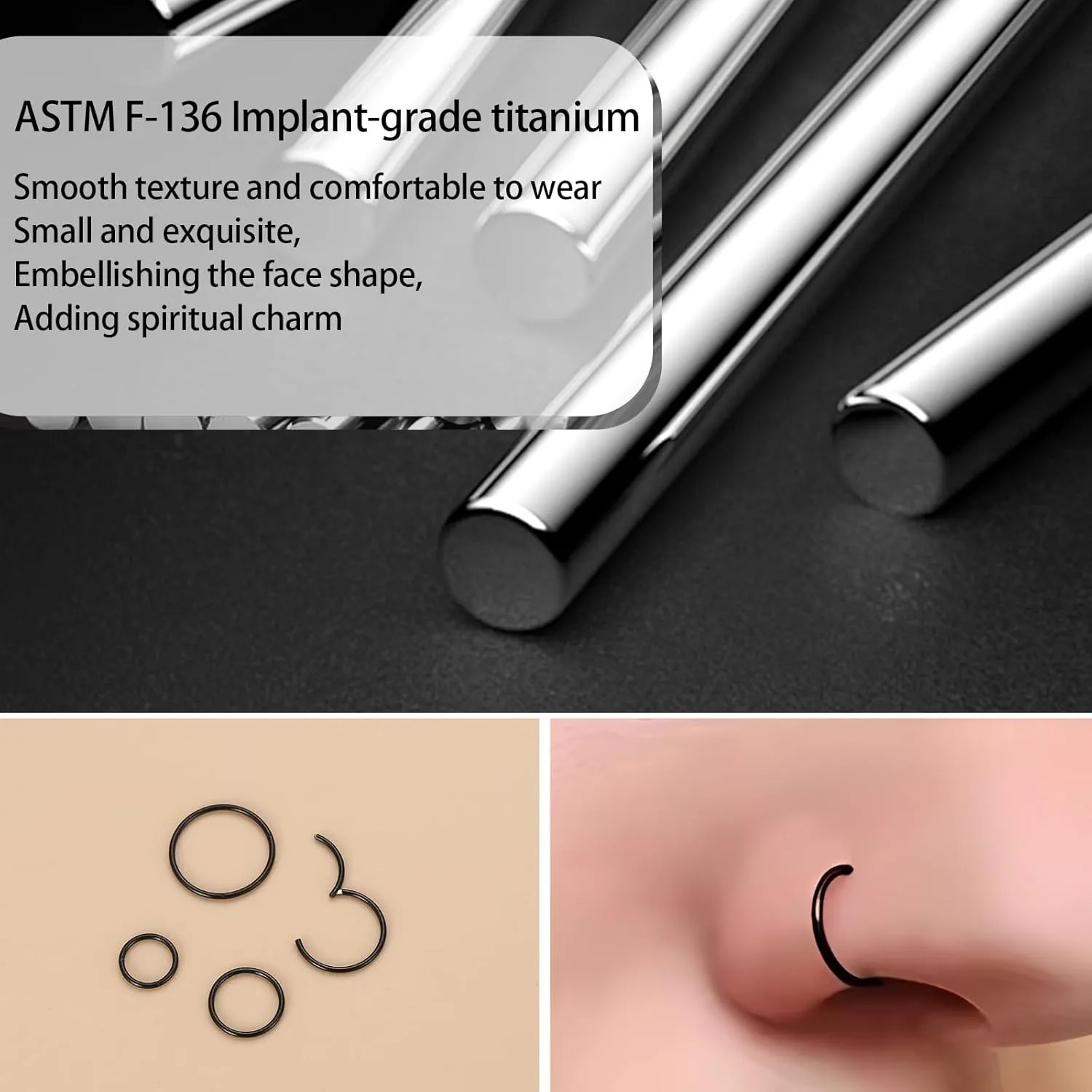 Titanium Nose Rings 20G 18G 16G Nose Rings Hoops Septum Clicker Hinged Segment Ring Cartilage Helix Tragus Conch Daith Rook Hoop Earring, Diameter 5mm to 12mm Silver-Gold-Rose Gold-Black Hoop Ring