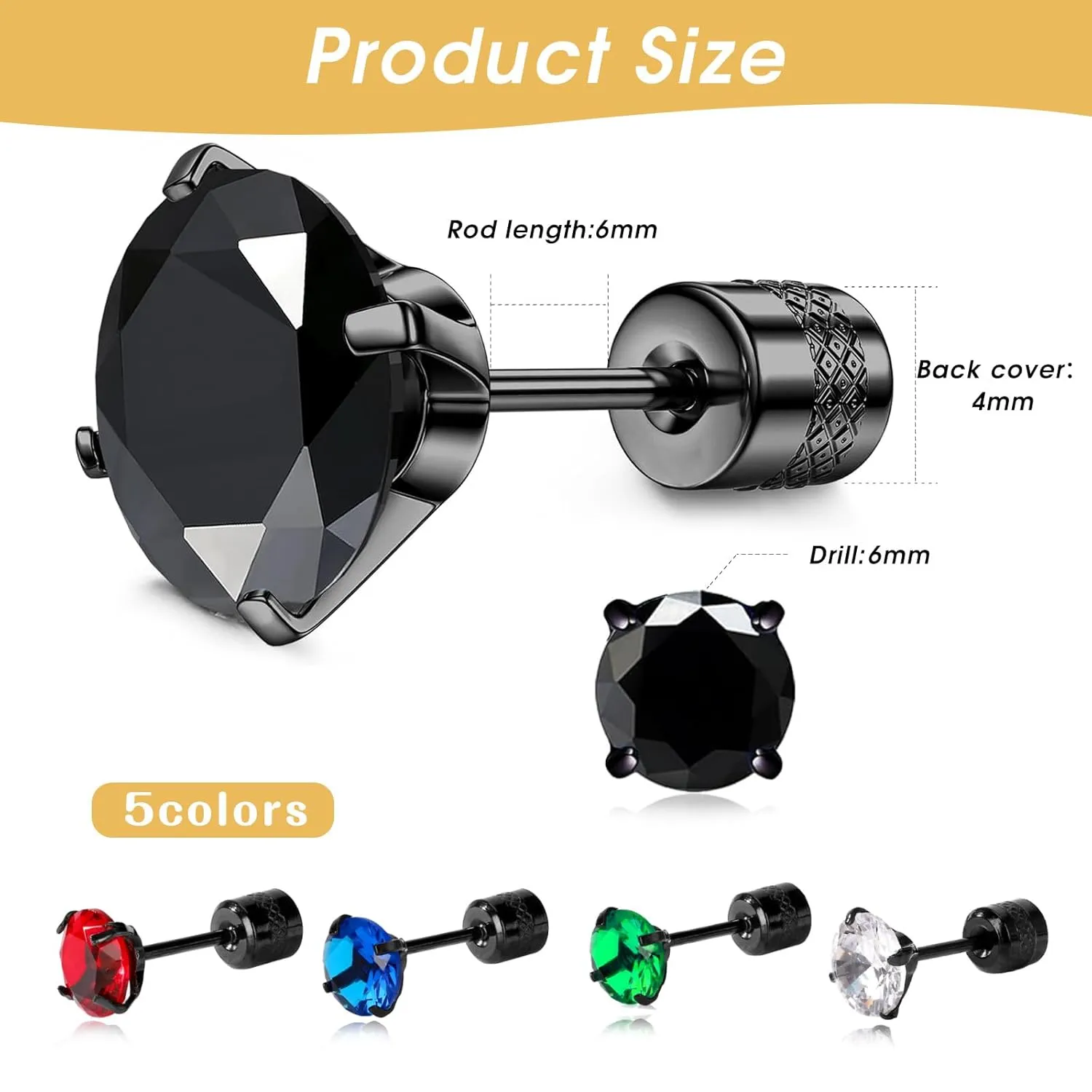 Titanium Screw Back Surgical Stainless Steel Stud Earrings for Women Men,Hypoallergenic Cubic Zirconia Studs Double Side Earrings Piercing Sleeper Sensitive Studs(6mm, Black-Green)