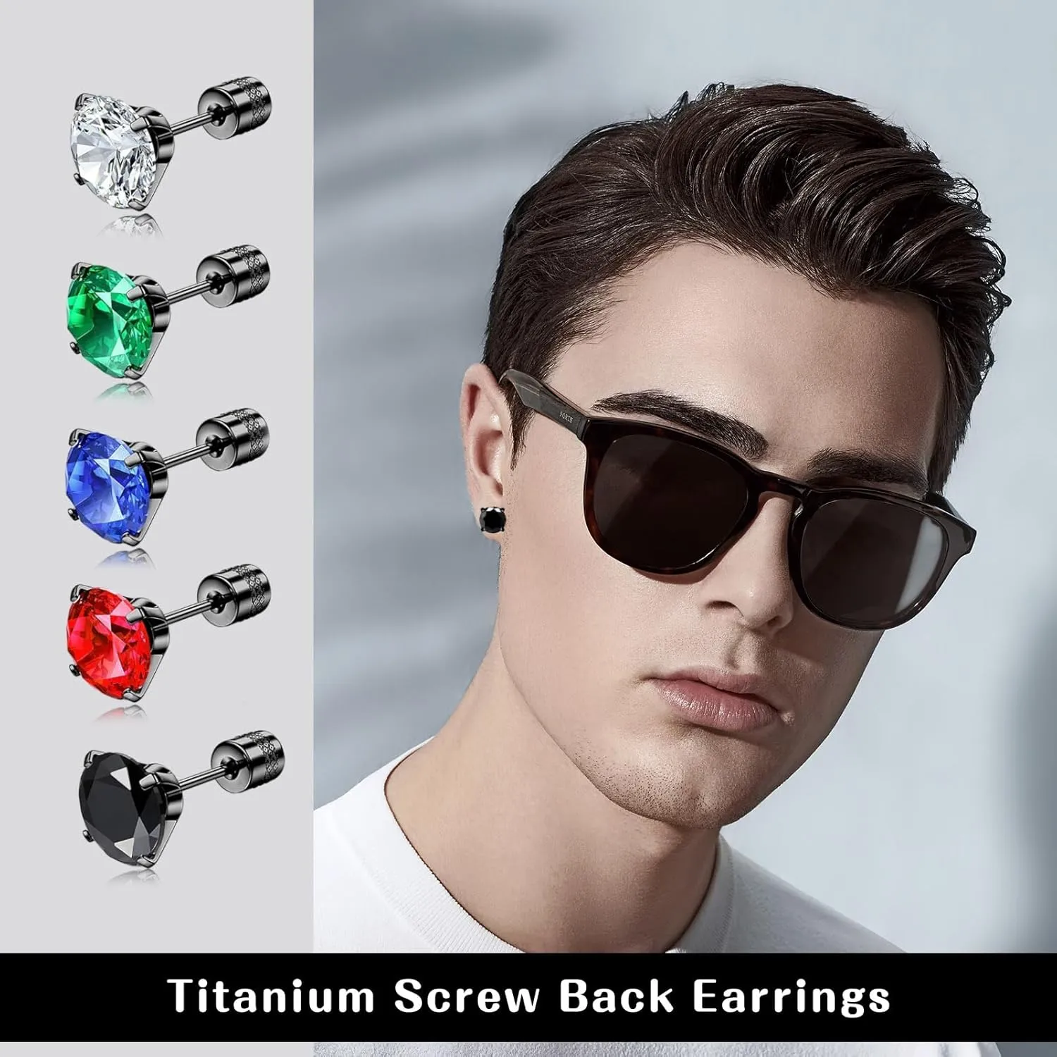 Titanium Screw Back Surgical Stainless Steel Stud Earrings for Women Men,Hypoallergenic Cubic Zirconia Studs Double Side Earrings Piercing Sleeper Sensitive Studs(6mm, Black-Green)