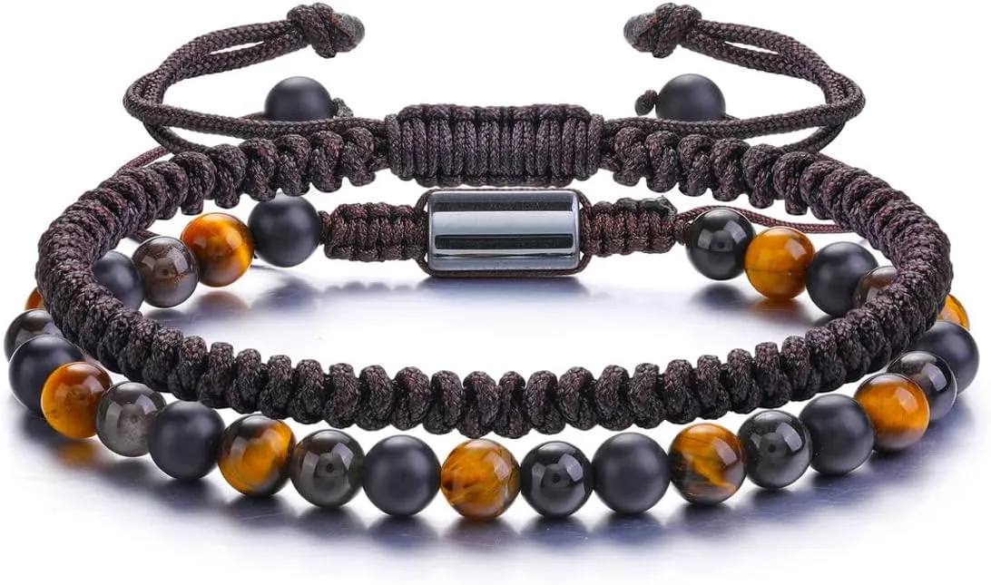 Top Plaza Natural Stone Bracelets for Men, 6mm Yellow Tiger Eye Obsidian Black Agate Crystal Beaded Bracelet Jewelry Set for Dad Husband Christmas Gifts