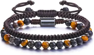 Top Plaza Natural Stone Bracelets for Men, 6mm Yellow Tiger Eye Obsidian Black Agate Crystal Beaded Bracelet Jewelry Set for Dad Husband Christmas Gifts