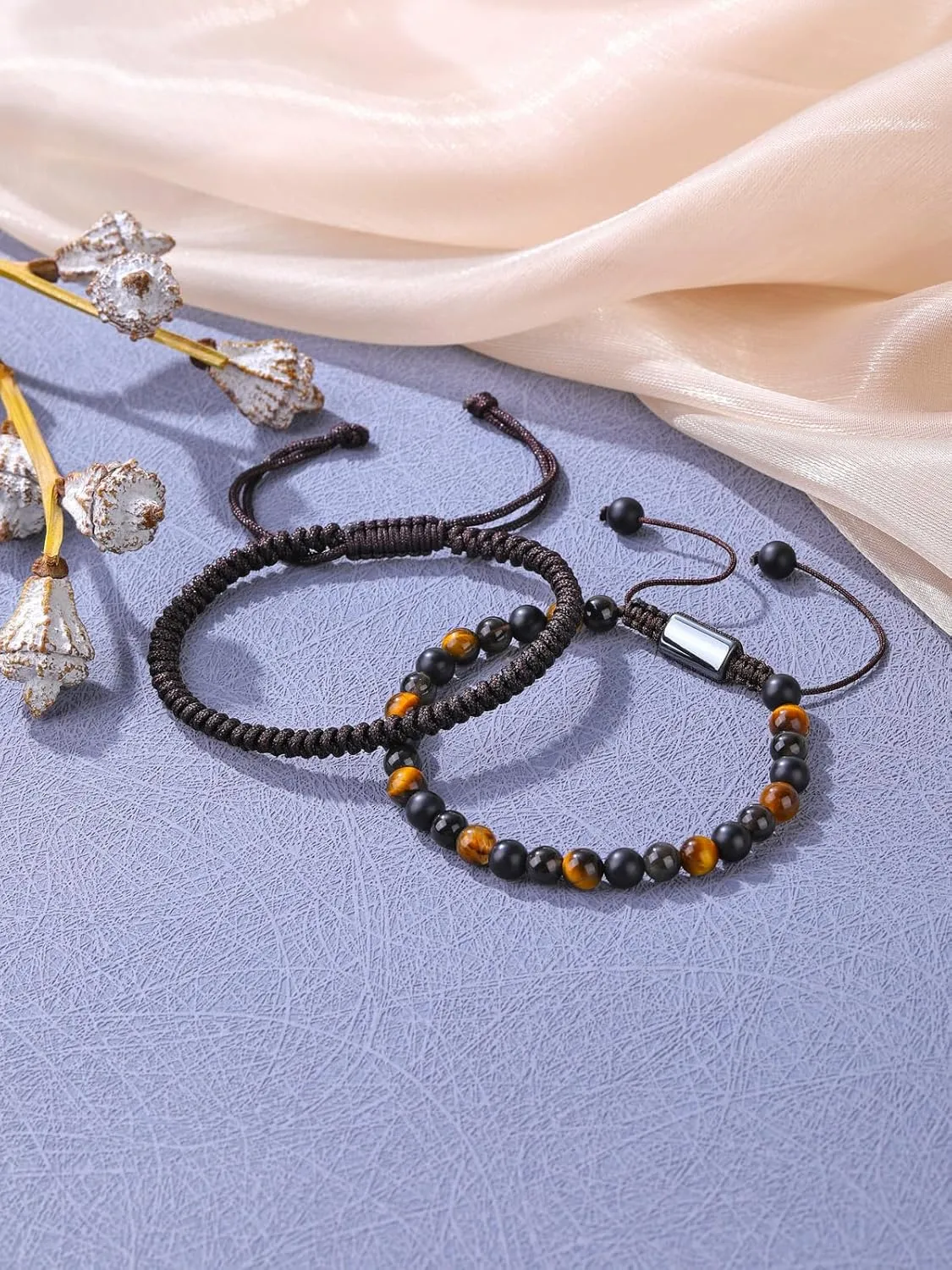 Top Plaza Natural Stone Bracelets for Men, 6mm Yellow Tiger Eye Obsidian Black Agate Crystal Beaded Bracelet Jewelry Set for Dad Husband Christmas Gifts