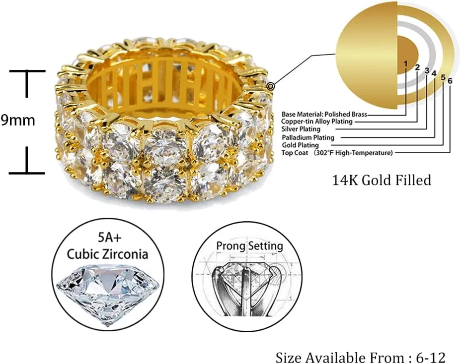 TOPGRILLZ Rings for Men - Men's 14K Gold Plated Brass, Chunky Faux Diamond Band Ring for Women, Unisex, 9mm - 2 Rows Round Cubic Zirconia Eternity