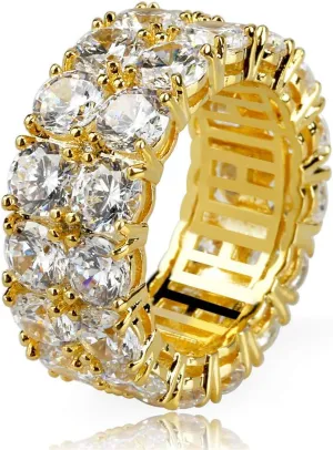 TOPGRILLZ Rings for Men - Men's 14K Gold Plated Brass, Chunky Faux Diamond Band Ring for Women, Unisex, 9mm - 2 Rows Round Cubic Zirconia Eternity