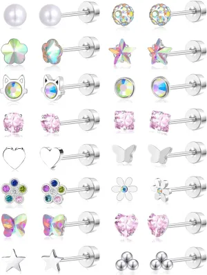 Tornito 16 Pairs Screw Back Earrings For Women Stainless Steel Stud Earrings Set Heart Flower Butterfly Star Square Cat Pearl Ball CZ Tiny Small Flat Screwback Cartilage Stud Earring Multicolored 20G