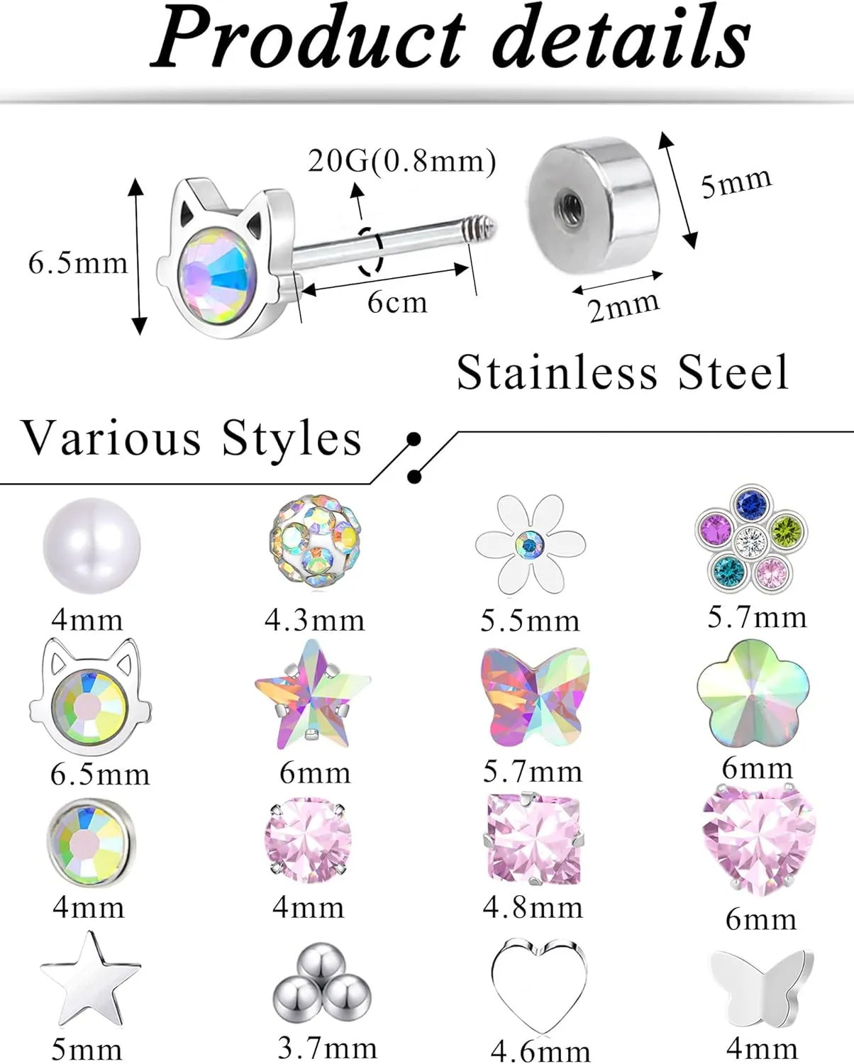 Tornito 16 Pairs Screw Back Earrings For Women Stainless Steel Stud Earrings Set Heart Flower Butterfly Star Square Cat Pearl Ball CZ Tiny Small Flat Screwback Cartilage Stud Earring Multicolored 20G
