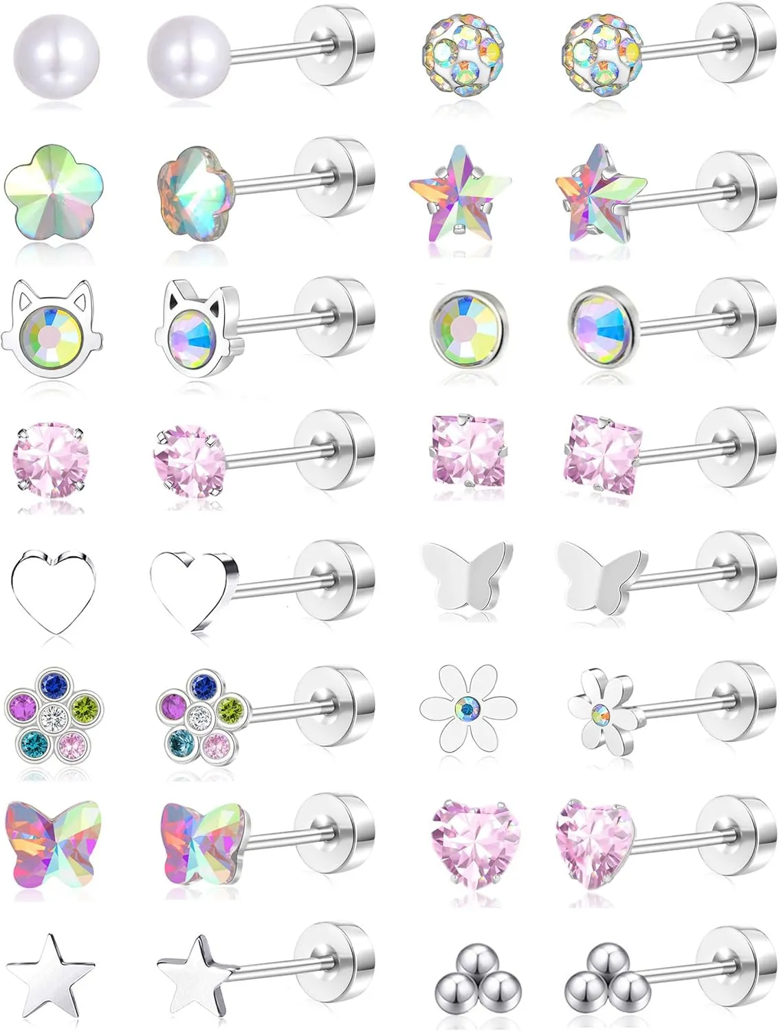 Tornito 16 Pairs Screw Back Earrings For Women Stainless Steel Stud Earrings Set Heart Flower Butterfly Star Square Cat Pearl Ball CZ Tiny Small Flat Screwback Cartilage Stud Earring Multicolored 20G