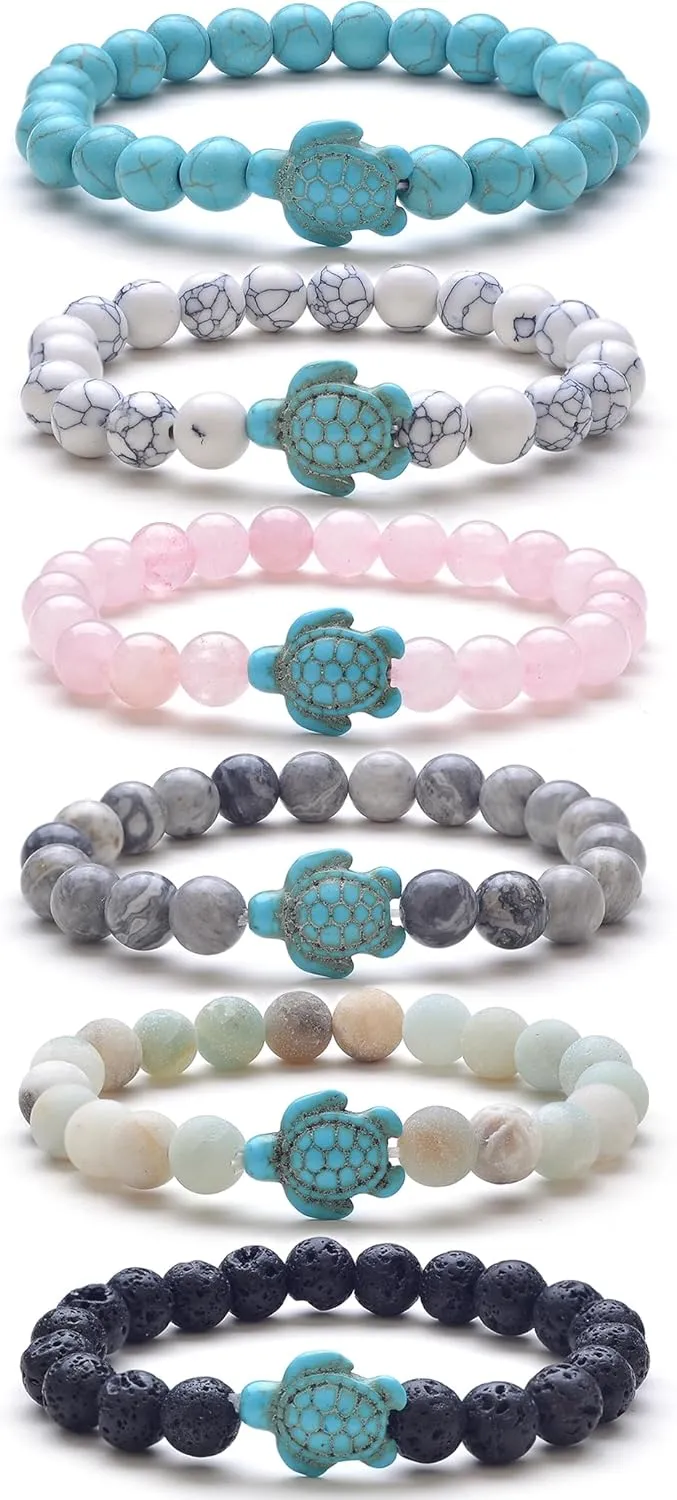 Tornito 6Pcs Sea Turtle Beads Bracelet Natural Stone Colorful Elastic Turquoise Stretch Bracelet Friendship Gifts for Women Men 8mm