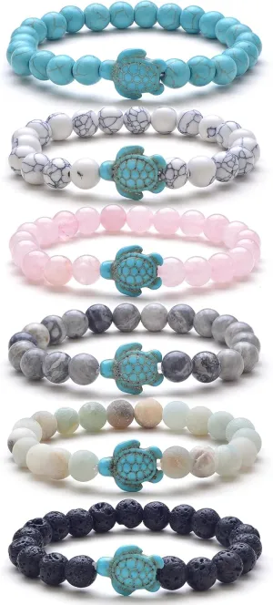 Tornito 6Pcs Sea Turtle Beads Bracelet Natural Stone Colorful Elastic Turquoise Stretch Bracelet Friendship Gifts for Women Men 8mm