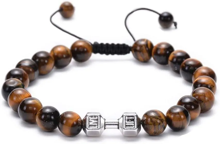 Traintough Dumbbell Bracelet for Men Women Gym Bracelet Agate Turquoise Bead Bracelet Adjustable Fitness Barbell Bracelet Gym Gifts for Her Him