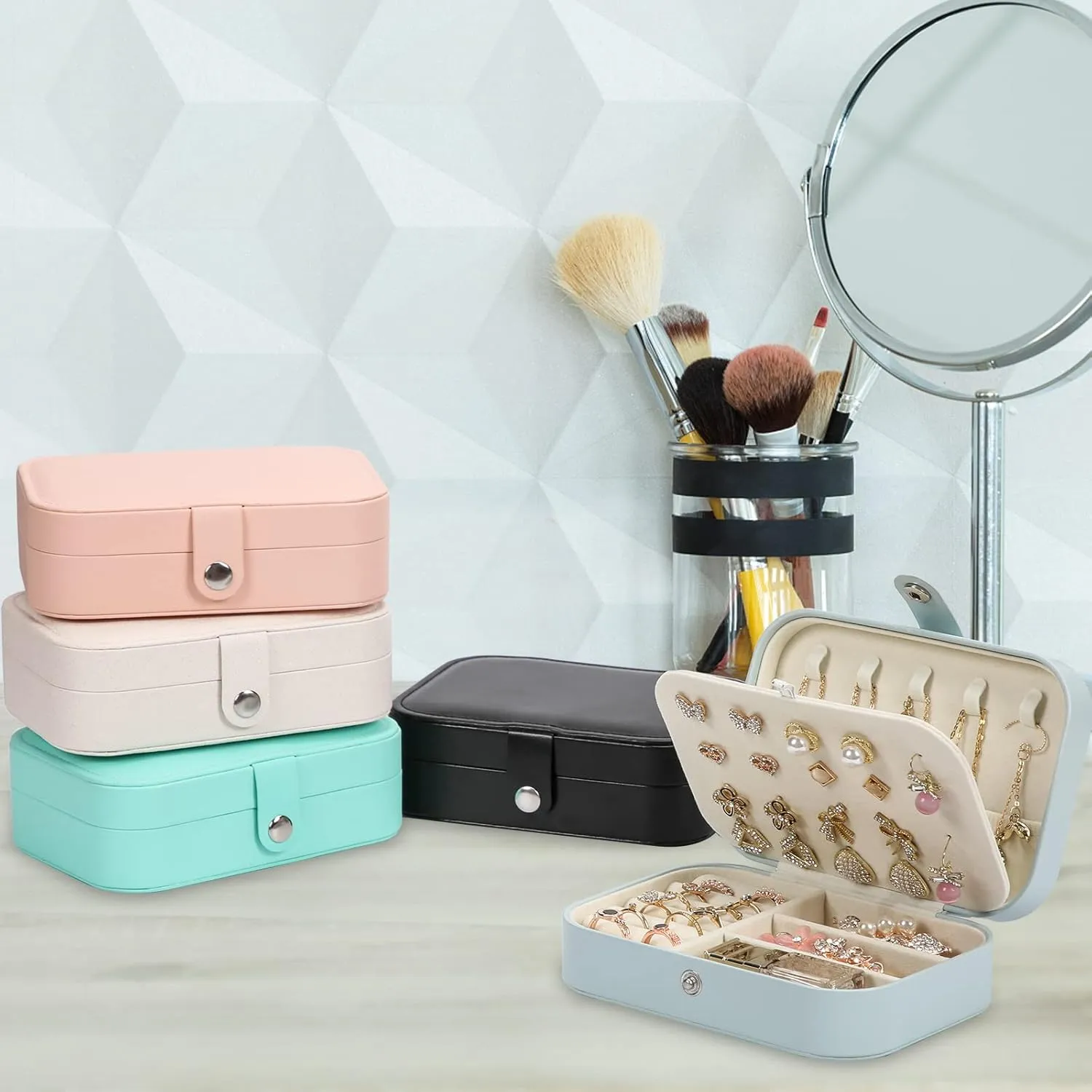 Travel Jewelry Box, PU leather Small Jewelry Organizer For Female Girls, double layer portable mini travel case for storing earrings, rings, necklaces.(Blue)
