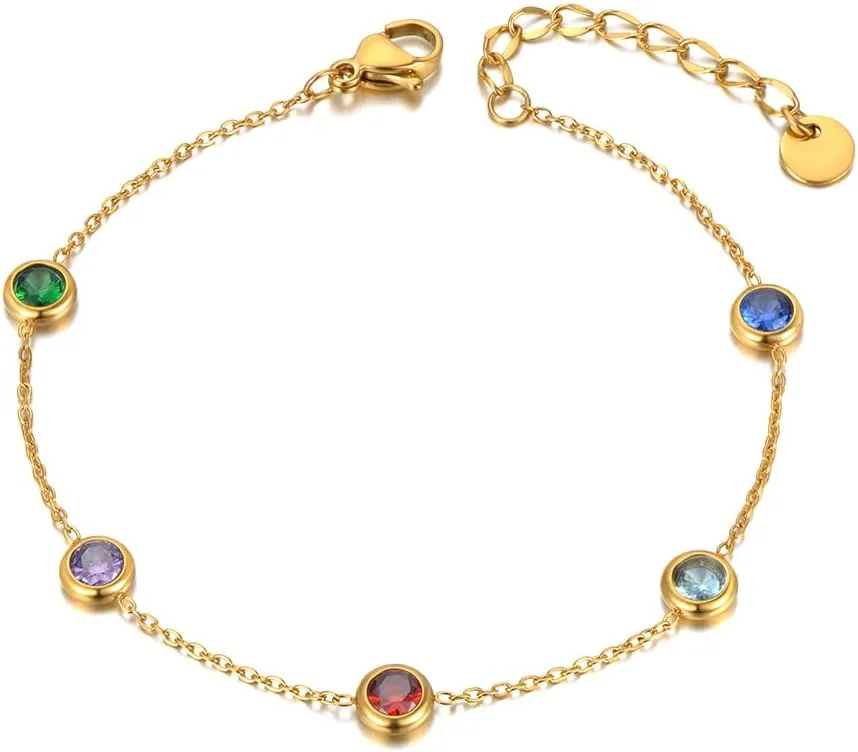 Trendy Boho Stainless Steel Colorful CZ Crystal Rainbow Choker Necklaces for Women, Dainty Rhinestone Beaded 14k Gold Chain Layering Necklace for Teen Girls