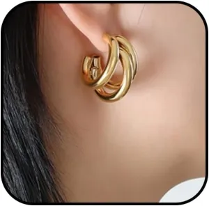 Triple Hoop Earrings For Women Open Huggies Earrings Geometric Shape Hoop Earring Twisted Layer Hoop Earring Multi Tube Hoop Earrings Simple Handmade Hypoallergenic Illusion Ear Jewelry