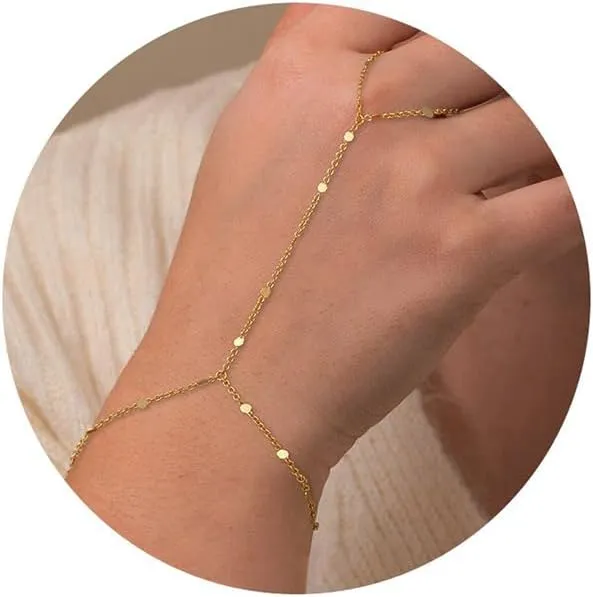 Turandoss Gold Hand Chain Bracelets for Women Trendy Stuff - Dainty 14k Gold Plated Adjustable Satellite Bead Cubic Zircon Evil Eye Pearl Finger Rings Bracelets Hand Chain Jewelry Gifts for Women