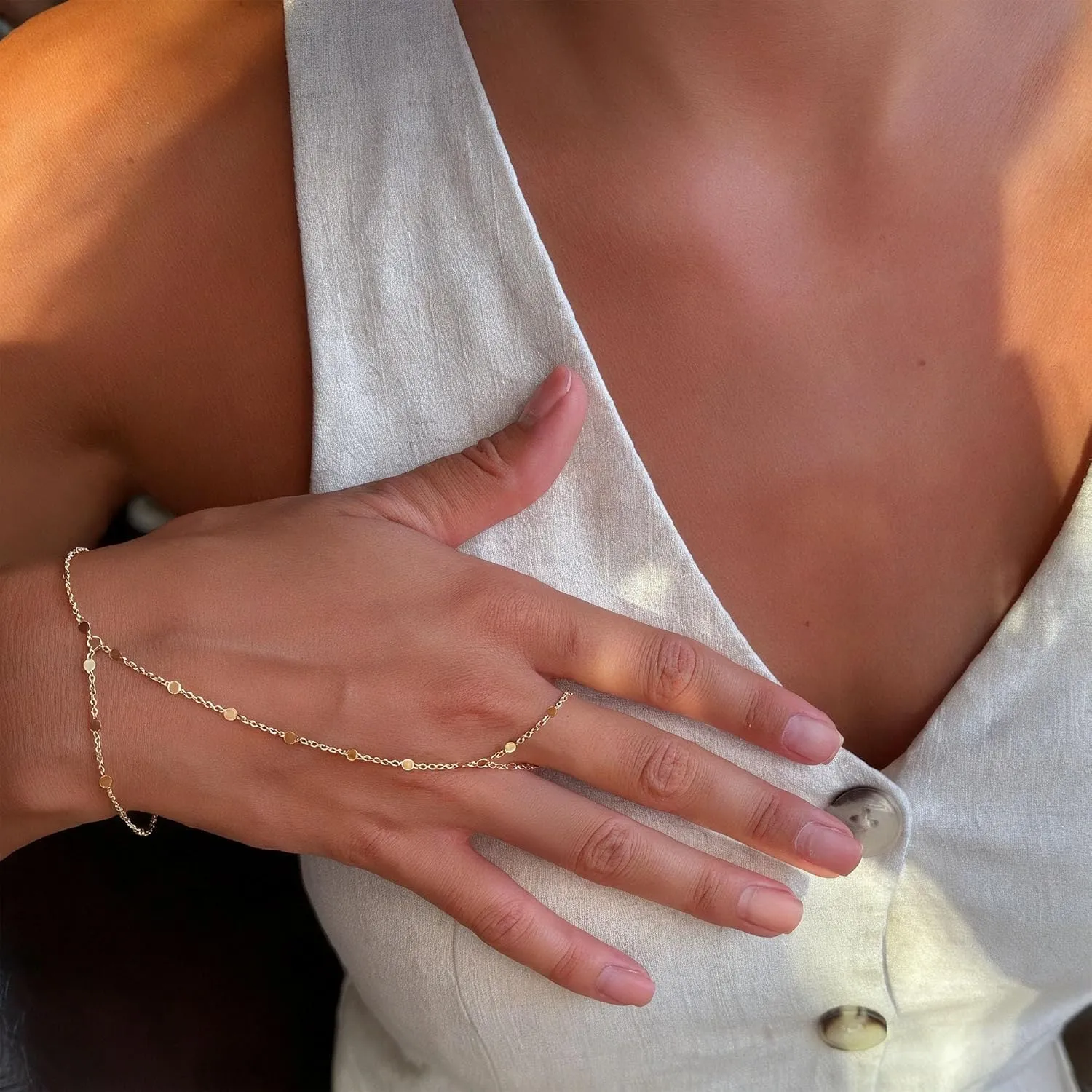 Turandoss Gold Hand Chain Bracelets for Women Trendy Stuff - Dainty 14k Gold Plated Adjustable Satellite Bead Cubic Zircon Evil Eye Pearl Finger Rings Bracelets Hand Chain Jewelry Gifts for Women