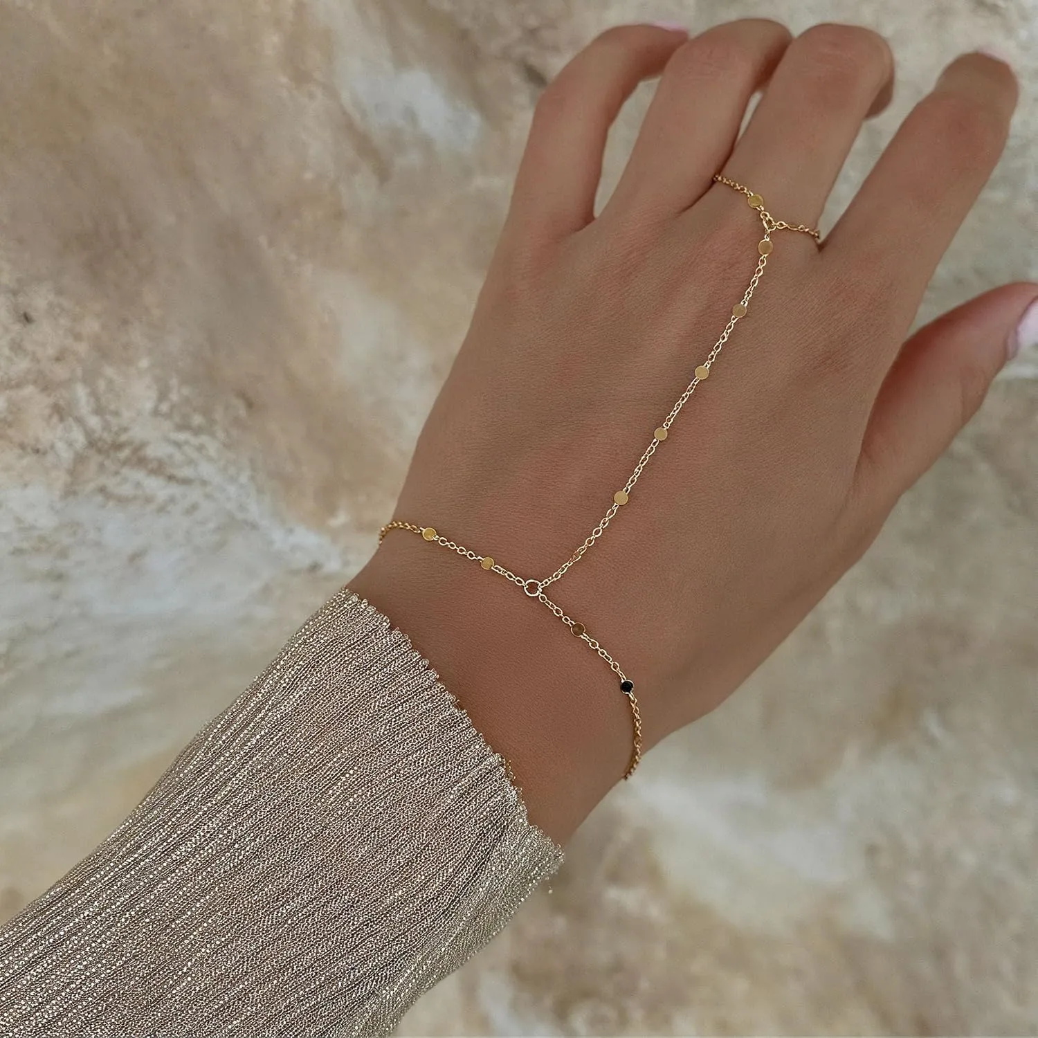Turandoss Gold Hand Chain Bracelets for Women Trendy Stuff - Dainty 14k Gold Plated Adjustable Satellite Bead Cubic Zircon Evil Eye Pearl Finger Rings Bracelets Hand Chain Jewelry Gifts for Women