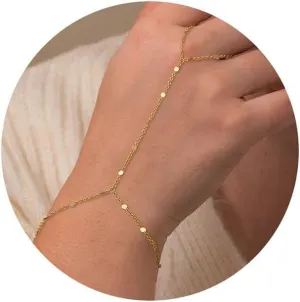 Turandoss Gold Hand Chain Bracelets for Women Trendy Stuff - Dainty 14k Gold Plated Adjustable Satellite Bead Cubic Zircon Evil Eye Pearl Finger Rings Bracelets Hand Chain Jewelry Gifts for Women