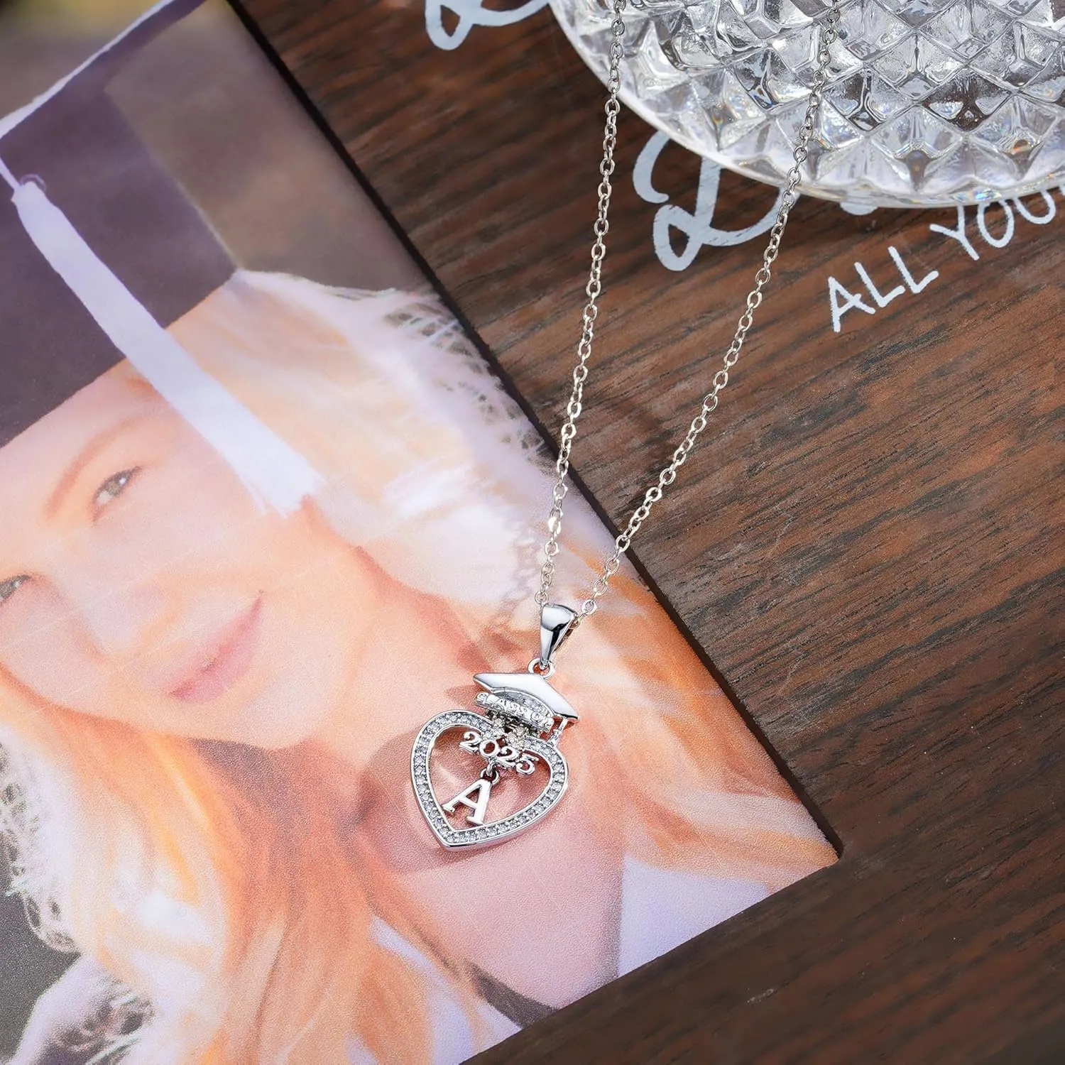 Turandoss Graduation Gifts for Her 2025-14K White Gold Plated Initial Necklace Dainty CZ Heart Pendant Silver Initial Necklaces for Women Friends Class of 2025 Friendship Graduation Gifts for Her