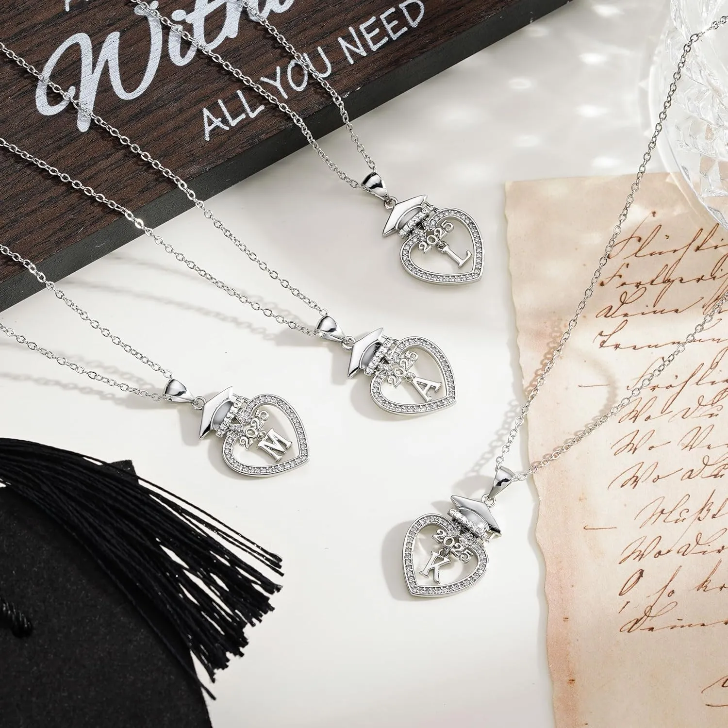 Turandoss Graduation Gifts for Her 2025-14K White Gold Plated Initial Necklace Dainty CZ Heart Pendant Silver Initial Necklaces for Women Friends Class of 2025 Friendship Graduation Gifts for Her