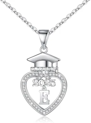 Turandoss Graduation Gifts for Her 2025-14K White Gold Plated Initial Necklace Dainty CZ Heart Pendant Silver Initial Necklaces for Women Friends Class of 2025 Friendship Graduation Gifts for Her