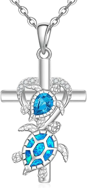 Turtle Necklace for Women 925 Sterling Silver Opal Pendant Necklaces Sea Turtle Necklace with Heart and Cross Design Adjustable Chain Gifts for Beach Lovers