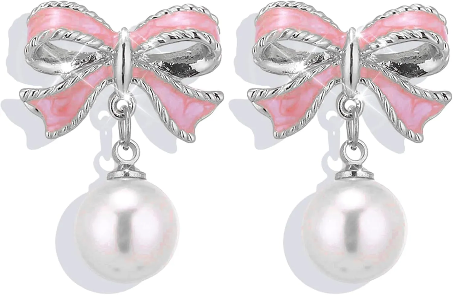 Twinkle Pearl Bow Dangle & 925 Silver Stud Earrings for Women & Girls | Pink and Gold Bow Ribbons Earrings | Holiday Birthday Jewelry Gifts for Her