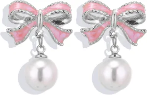 Twinkle Pearl Bow Dangle & 925 Silver Stud Earrings for Women & Girls | Pink and Gold Bow Ribbons Earrings | Holiday Birthday Jewelry Gifts for Her