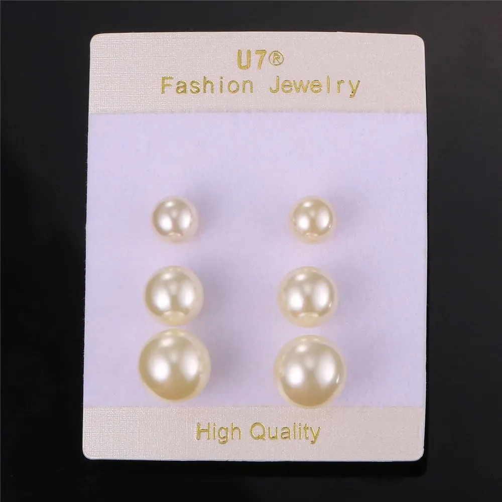 U7 Cat Stud Earrings Silver/Black/Silver/Gold Color,Birthstone Kitten Earrings, BarFaux Pearl Earrings Set, Women Teen Girls Gift