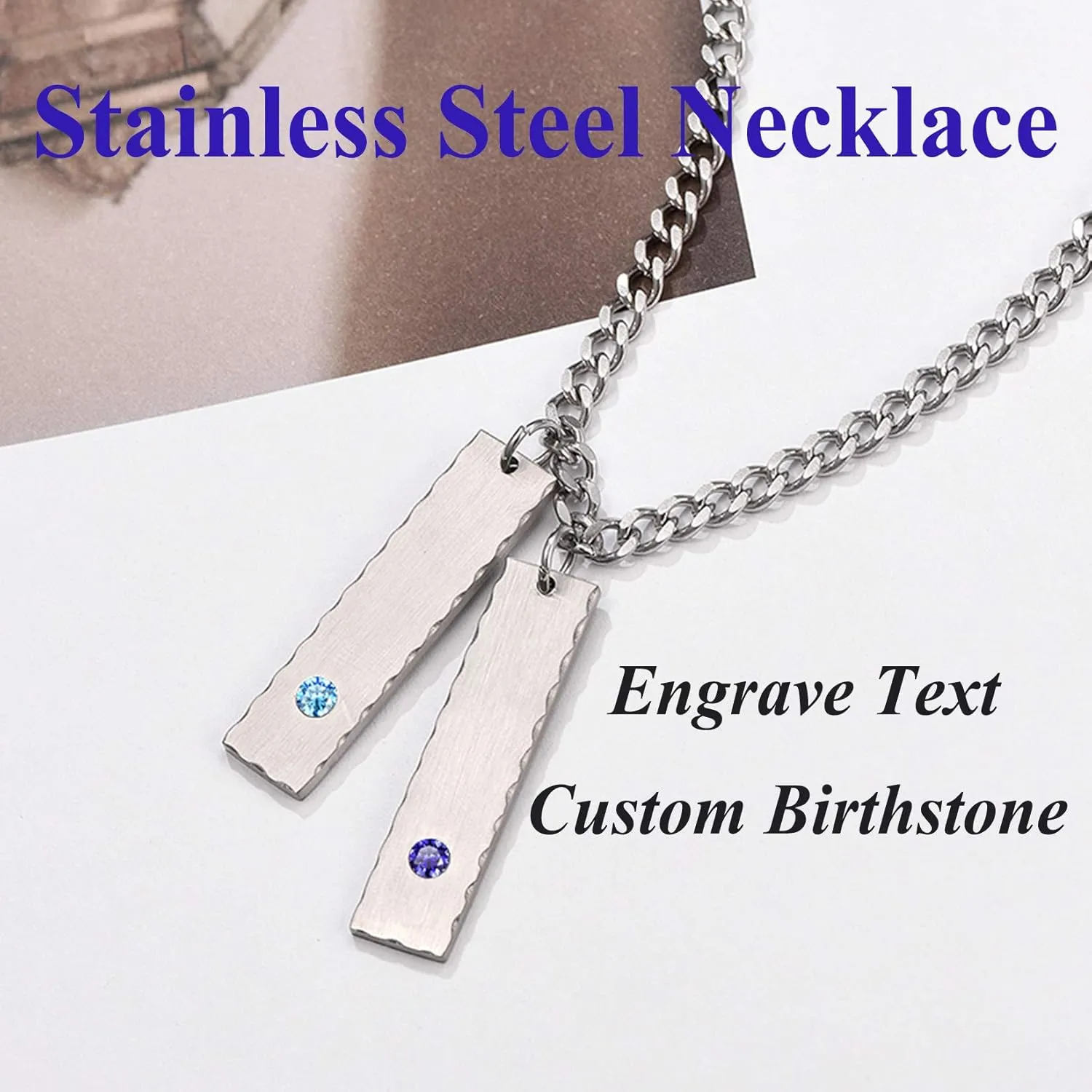 U7 Engravable Bar Necklace, Womens Choker Necklace Stainless Steel Custom Engrave Text Horizontal/Vertical Bar Pendant Necklaces for Men Women